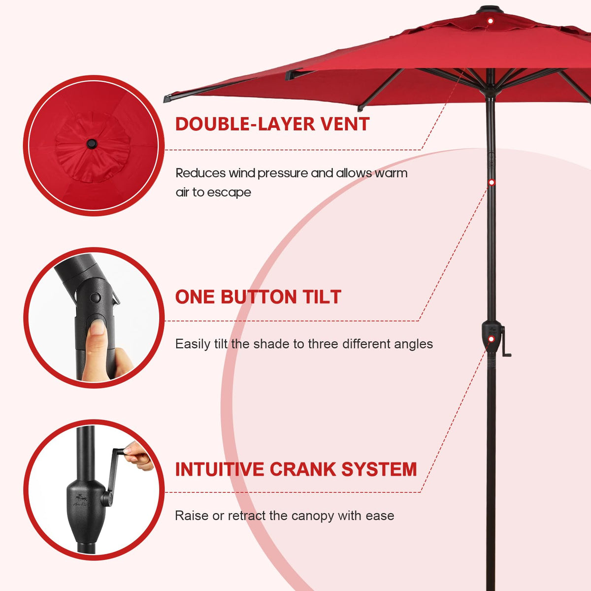 9FT Lyon Outdoor Patio Umbrella Outdoor Table Umbrella with Push Button Tilt and Crank Market Umbrella 6 Sturdy Ribs UV Protection Waterproof for Garden Deck Backyard Pool (9 FT(6 Ribs) / Red(6 Ribs))