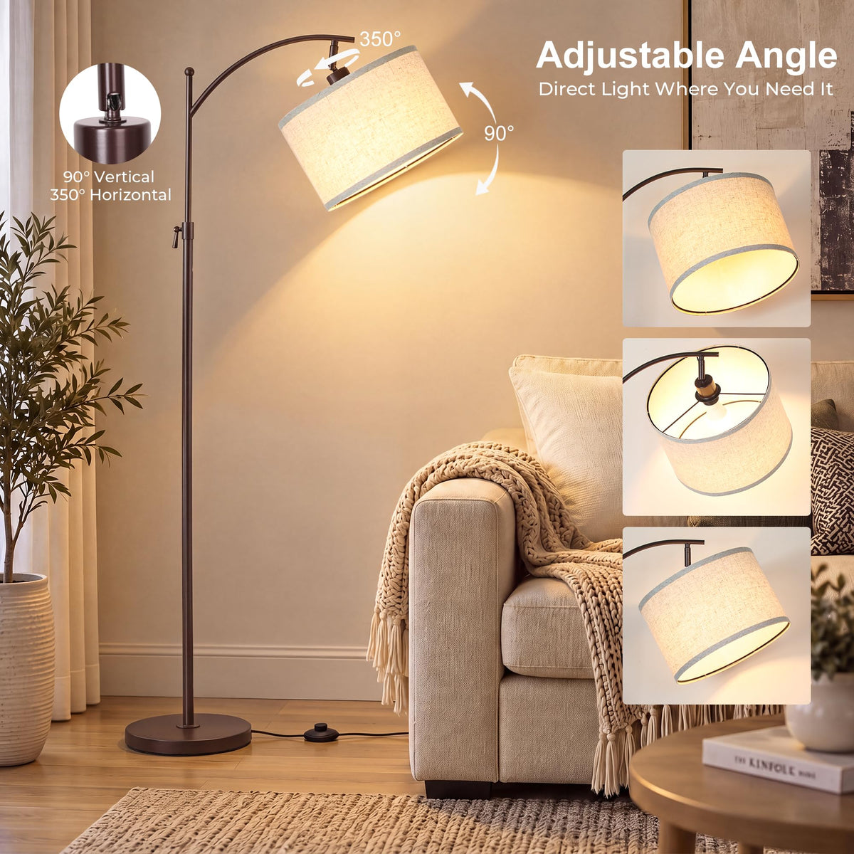 Modern Brown Floor Lamp Adjustable Height 55 (Brown+Beige Shade-Arc)