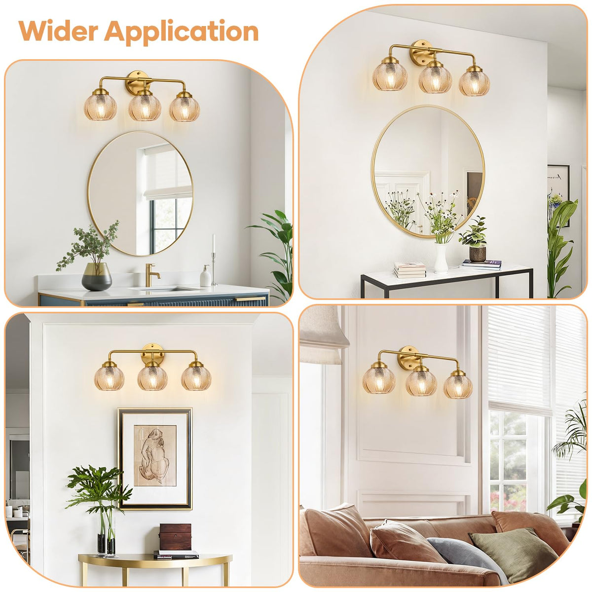 Bathroom Light Fixtures (Amber Glass-Brushed Gold / 3-Light)