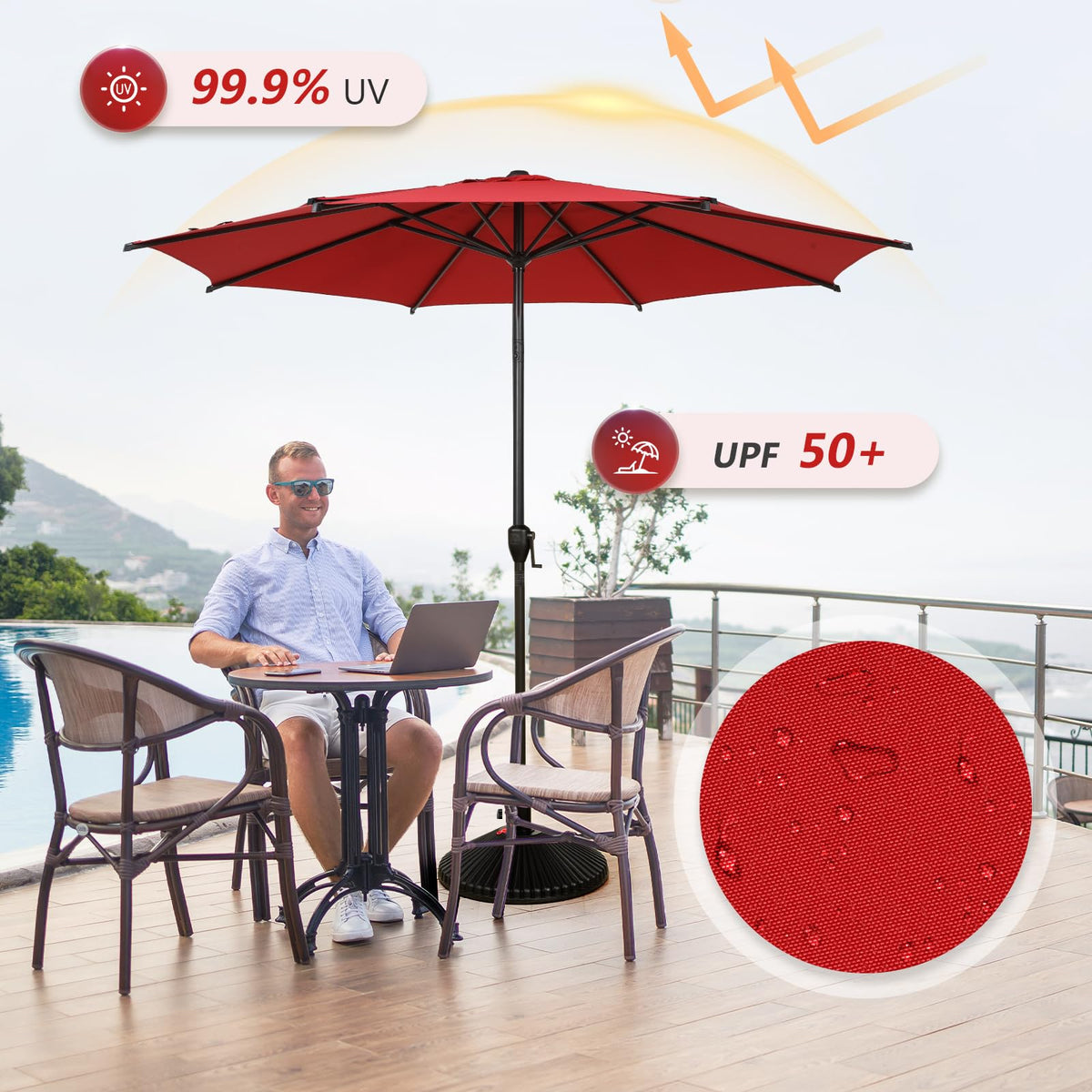 9FT Lyon Outdoor Patio Umbrella Outdoor Table Umbrella with Push Button Tilt and Crank Market Umbrella 8 Sturdy Ribs UV Protection Waterproof for Garden Deck Backyard Pool Dark Red (9 FT(8 Ribs) / Red)