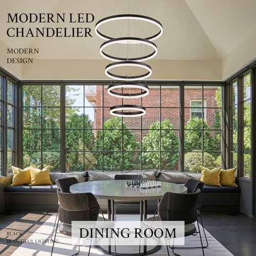 Modern LED Chandelier for Foyer Dimmable Black High Ceiling Chandeliers Foyer with Remote Control for Entryway Dining Room Living Room Staircase (Black / 5 Rings 23.6in)