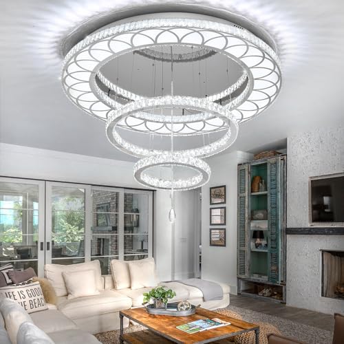 W40 Crystal Chandelier for Living Room Modern Flush Mount Chandelier Large Chandelier for Foyer Dining Room Hallway Dimmable 2700k 4500k 6000k (Silver / W:40inches)