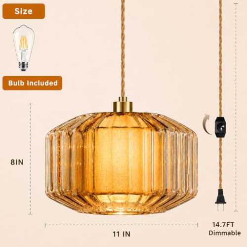 Plug in Pendant Light Glass Hanging Lights with Plug in Cord Hanging Lamp Gold Mid Century Modern Vintage Dimmable Flower Plug in Chandelier Ceiling Fixture for Living Room (Pendant Light-29)