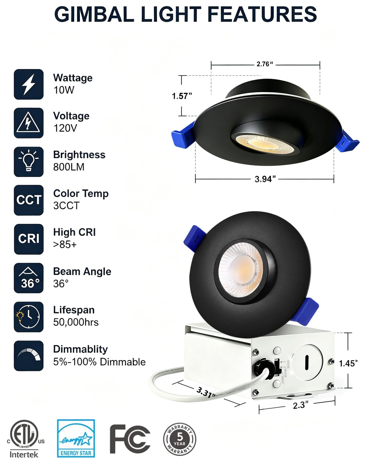 8 Packs 3 Inch Black LED recessed Light (Black 3CCT / 3in 8pack)
