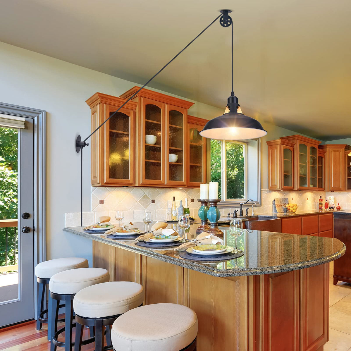 Plug in Pulley Pendant Light with 14.76ft Cord On (Black / ‎1 Pack)
