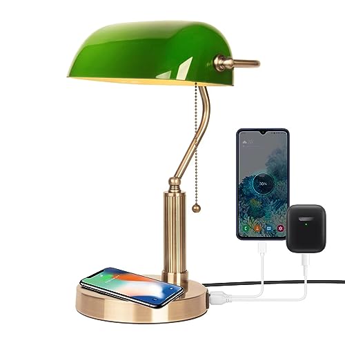 Glass Bankers Desk Lamp USB Wireless Charging Port LED Desk Lamp