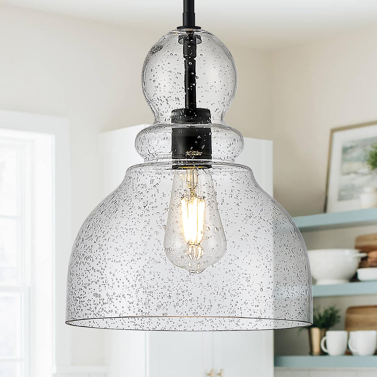 10" Seeded Glass Pendant Lights Kitchen Island Black Pendant Ceiling Light with Hand (Black Seeded)