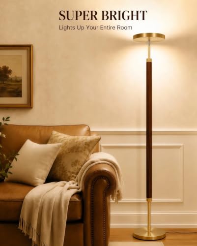 Wood LED Torchiere Floor Lamp with Remote (Walnut Wood & Brushed Brass)