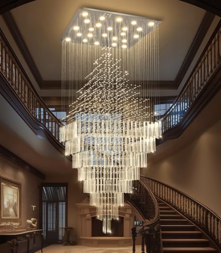 W47 x H120 Luxury Crystal Chandelier with LED Bulbs Glam Raindrop High Ceiling Square Light Chandeliers for Entrance Large Villa Foyer Living Room Lighting Fixtures Silver (Silver / Square W47" X H118")