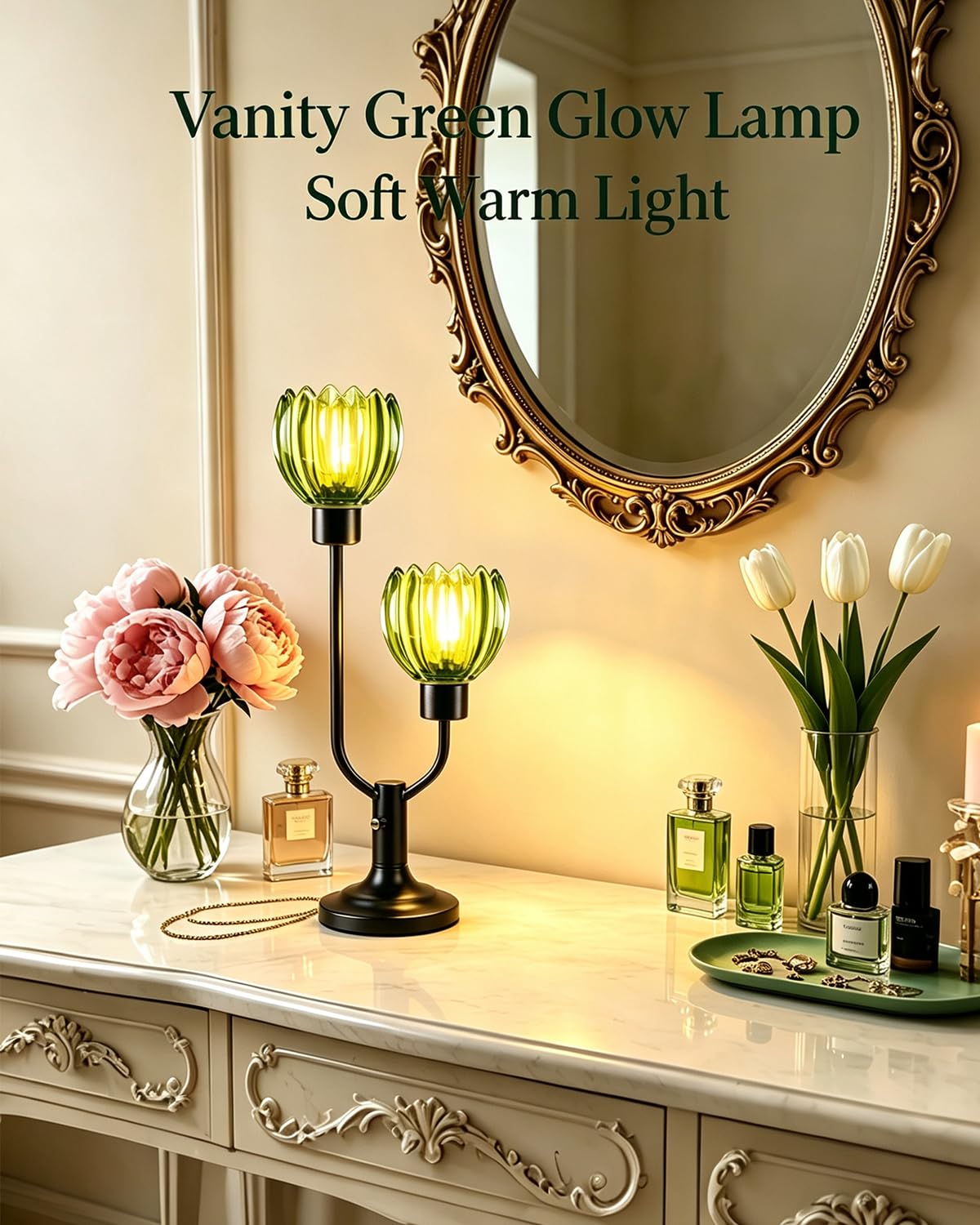 Vintage Green Glass Flower Table Lamp Dimmable Nightstand Lamp (01-Black-Green-Bud)