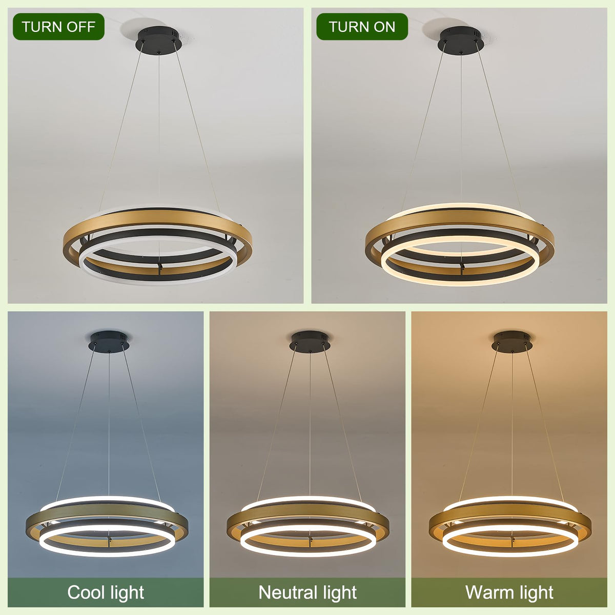 2 Rings Modern LED Chandelier Black Gold with Remote (Black Gold / 2 Rings 24 inches Up&Down)