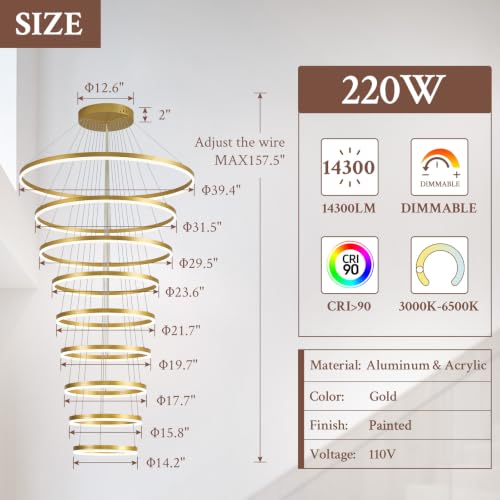 9 Rings D39.4in Modern LED Chandelier Gold Dimmable Foyer Chandeliers Entryway High Ceiling Chandelier with Remote Control for Staircase Entryway Living Room Foyer (Gold / 9 Rings 39.4in)