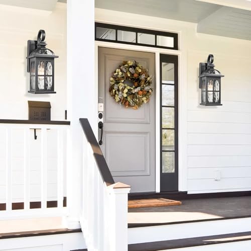 Outdoor Wall Light Exterior Light Fixture with Water Ripple Glass (Black-Water Ripple Glass / Medium-2 Pack)