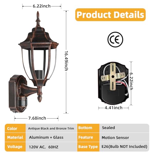 Motion Sensor Outdoor Wall Lights Porch Lamp (Antique Black and Bronze Trim / 1 Pack)