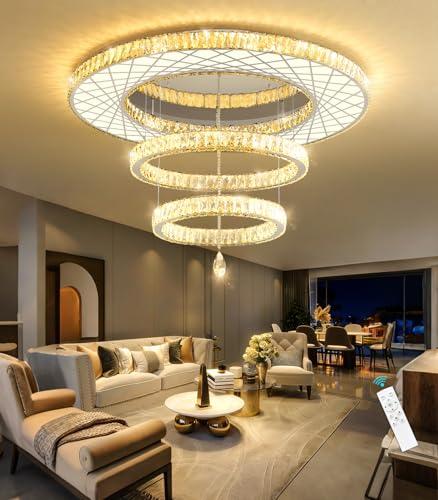 Crystal Glam Chandelier LED Ceiling Light Living Room Lighting Fixtures Remote Dimmable Ceiling Chandeliers Silver 40 Inches Large Light (40 inch / Silver)