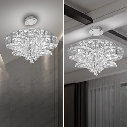 Modern Crystal Chandelier Crystal Flush Mount LED Ceiling Light Fixture for Living Room Foyer Dining Room Hallway Dimmable 2700k 4500k 6000k