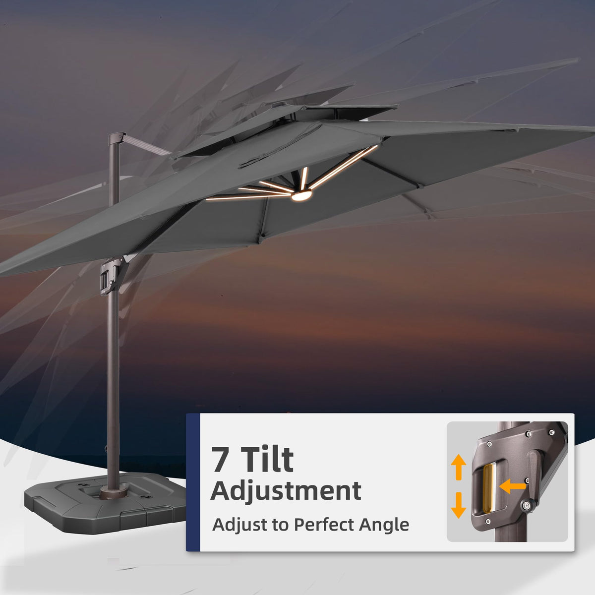 9x12 FT Patio Cantilever Outdoor Umbrella with Base and LED Lights (Grey)