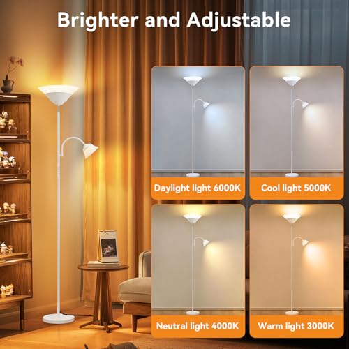 2-in-1 Torchiere Floor Lamp, 34W Super Bright LED Standing Lamp with Remote & Touch Control, 72" Dimmable Adjustable Corner Reading Lamp for Living Room, Bedroom, Office, White (White)