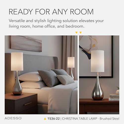 Brushed Steel Table Lamp with White Fabric Shade (Table Lamp)