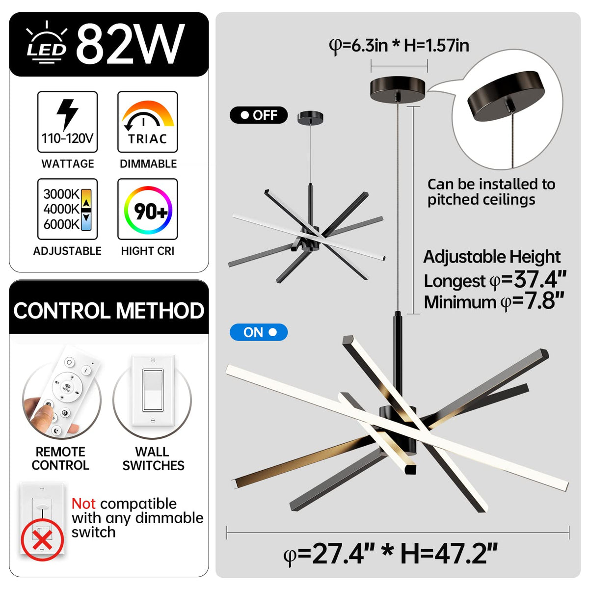 Modern Sputnik Chandelier Ceiling 82W LED Black Pendant Light Embedded Mount Chandeliers Dining Room Light Fixtures Over Table Dimmable with Remote Control for Living Room Kitchen Bedroom 31.5 inches (5-Lights Black)