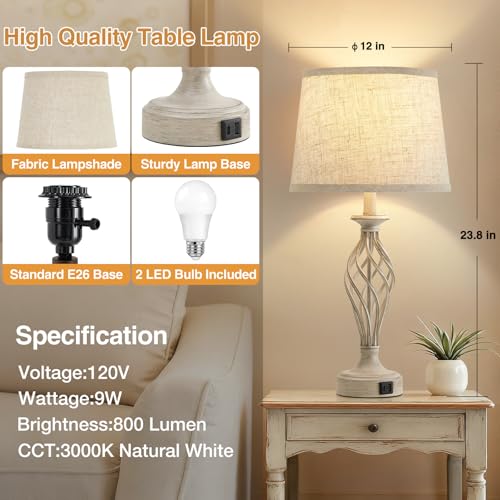 Table Lamp for Bedroom Set of 2 with USB C+A Ports (Light Grey Base + Beige Shade)