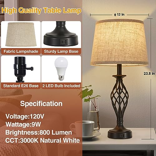 Table Lamp for Bedroom Set of 2 with USB C+A Ports (Black Base + Beige Lampshade)