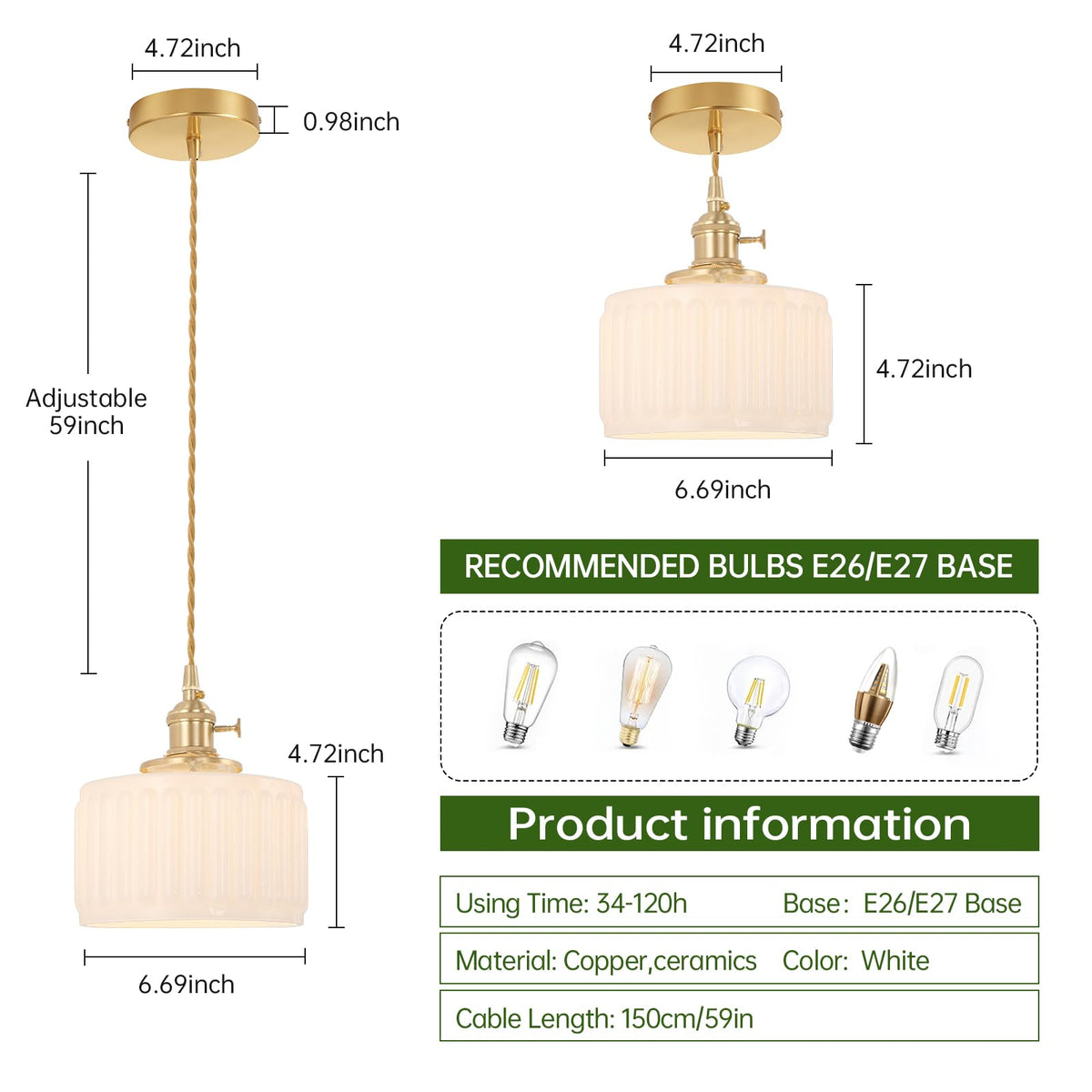 Battery Operated Pendant Light 5000mAh Rechargeable Chandelier with Remote Control Wireless Adjustable Hanging White Striped Light for Kitchen Island Dining Room Hallway (Z-Striped White)