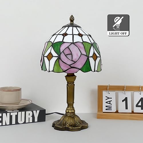 Pink Rose Style Tiffany Table Lamp Handmade Stained Glass Bedside Table Lamp Desk Reading Light 8" Wide 14" Tall for Small Space Bedroom Home Office with LED Bulb (Pink Rose)