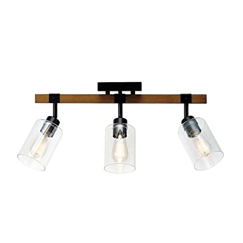 3 Light Faux Wood Track Lighting with Matte Black Accents and Clear Glass Shades (Faux Wood)