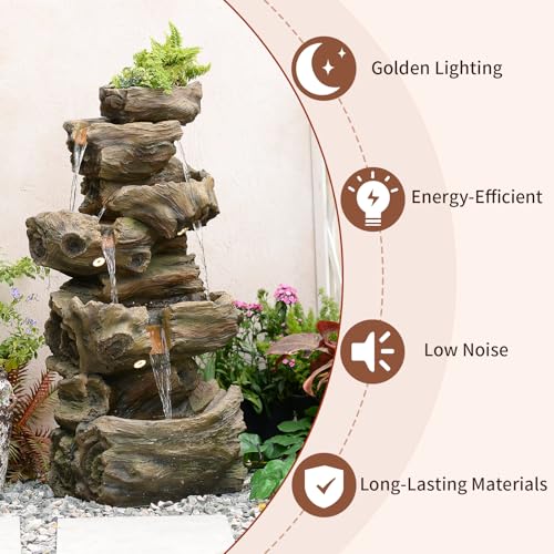 40.5" H Outdoor Water Fountain 5 Tiers Large Cascading Wooden Imitative Wood Natural Waterfall Outdoor Fountain Resin Imitation Wood with LED Lights for Garden (40.5H / Wooden)