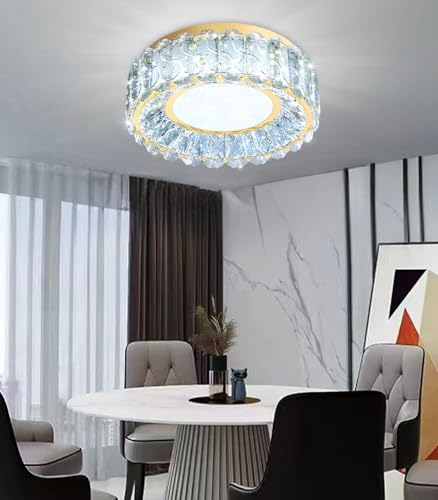 12 Inch Dimmable Crystal Chandelier Modern LED Flush Mount Ceiling Light Fixtures for Bedroom Hallway Staircase Gold (12" Gold)