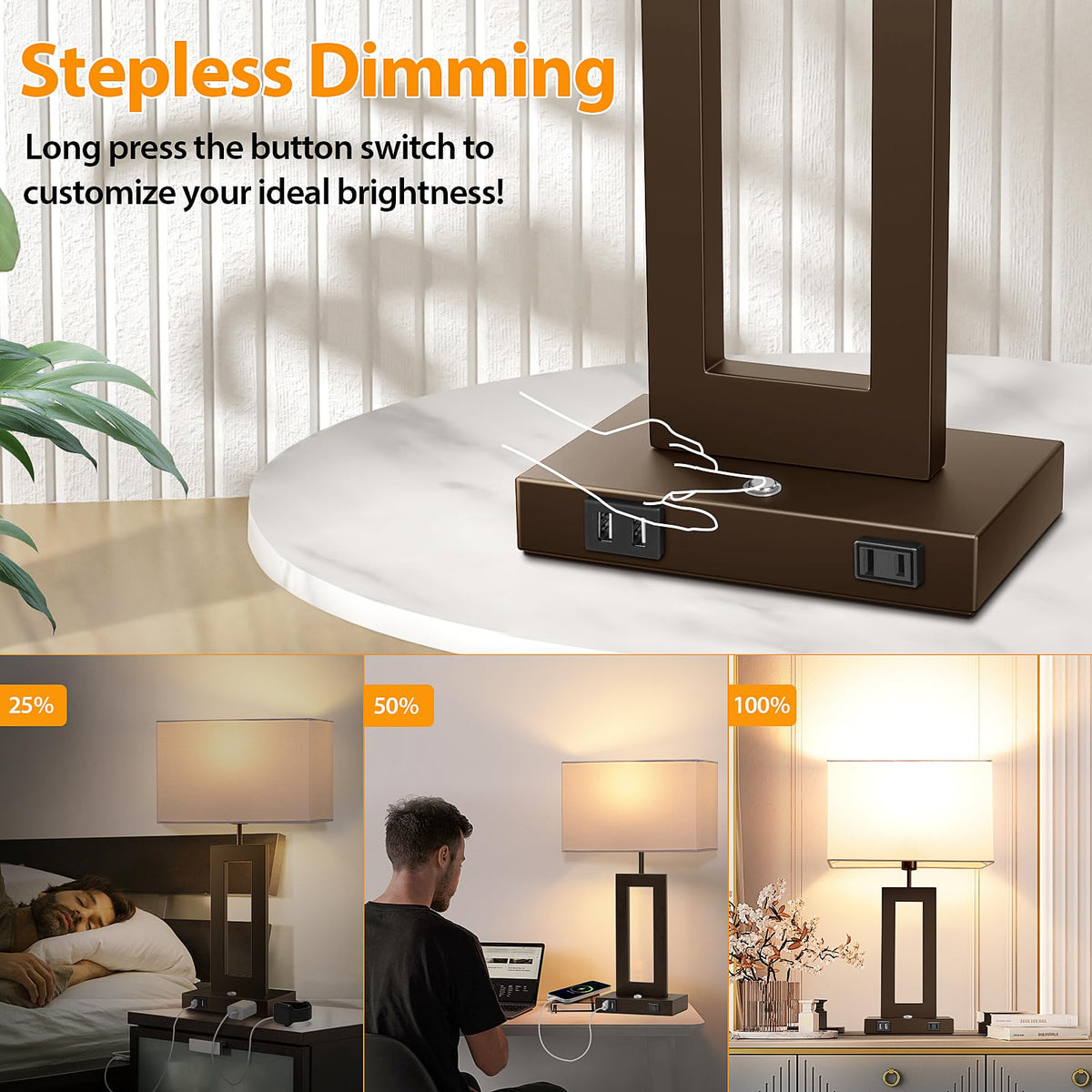 3 Color Temperatures Brown Table Lamps for Bedrooms Set of 2 (Brown / Large)