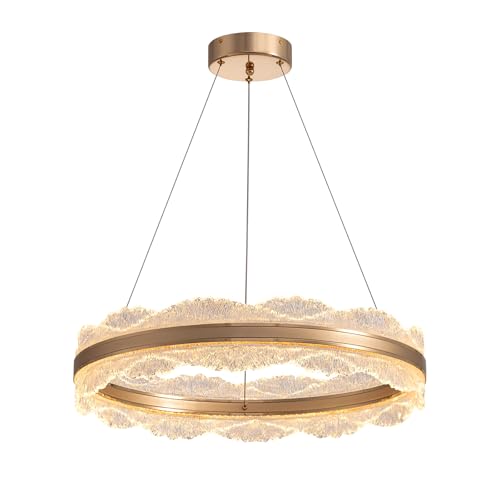 Gold Chandelier Light Fixture 23.6" Modern Led Chandelier 3 Colors Dimmable Chandeliers for Dining Room Contemporary Pendant Ceiling Light for Kitchen Island Bedroom Living Room with Remote Control (Gold D 23.6'')