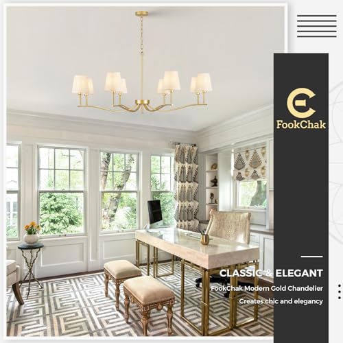8 Light Brass Gold Chandelier with White Fabric Shade 44'' Linen Dining Room Chandeliers Over Table Kitchen Chandeliers Light Fixture for Living Room Bedroom Entryway Home Office (Gold & Linen / 43.7 inch)