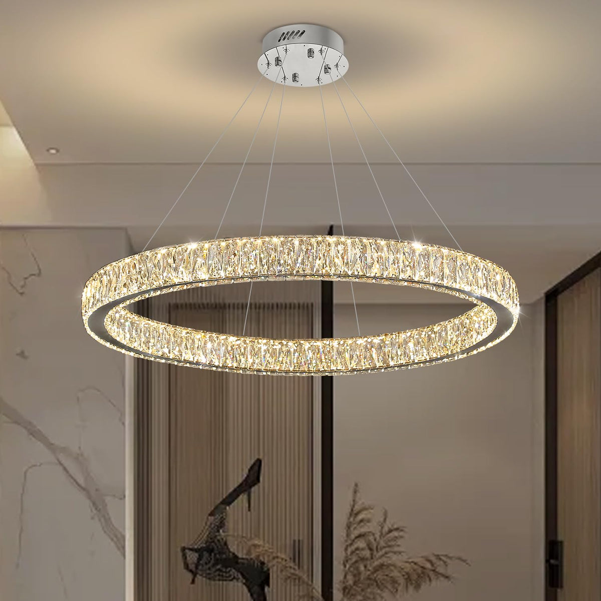 39.4in Large Ring Chandelier Modern LED Crystal Chandelier Chrome Round Crystal Chandeliers for Dining Room Living Room (Silver 1 Ring 40")