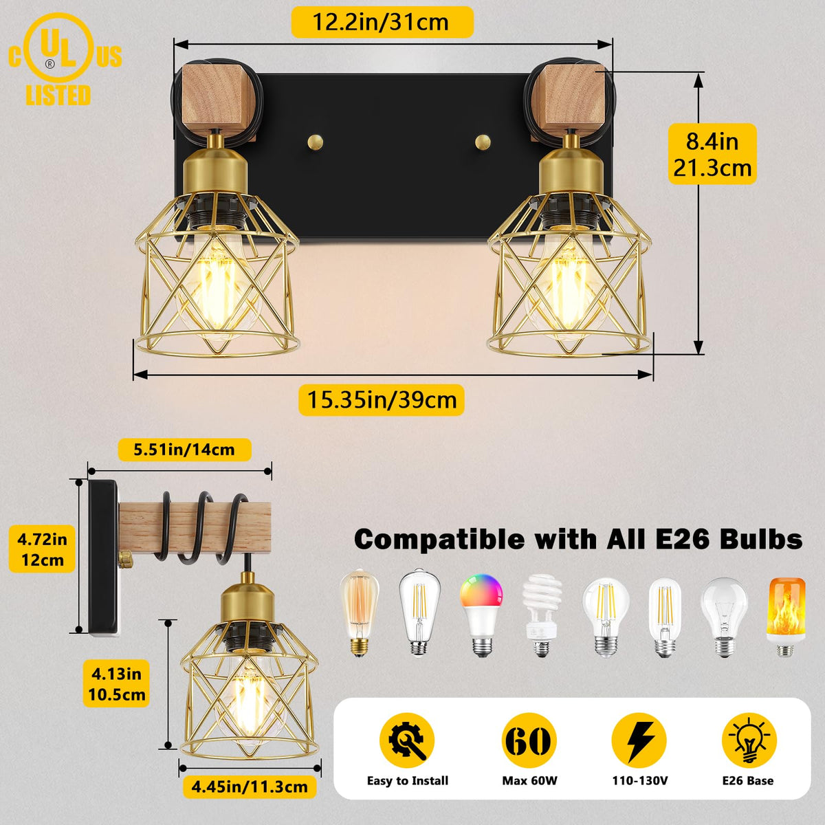 Rustic Style Wood Bathroom Wall Sconces (Black & Gold / 2-Lights)