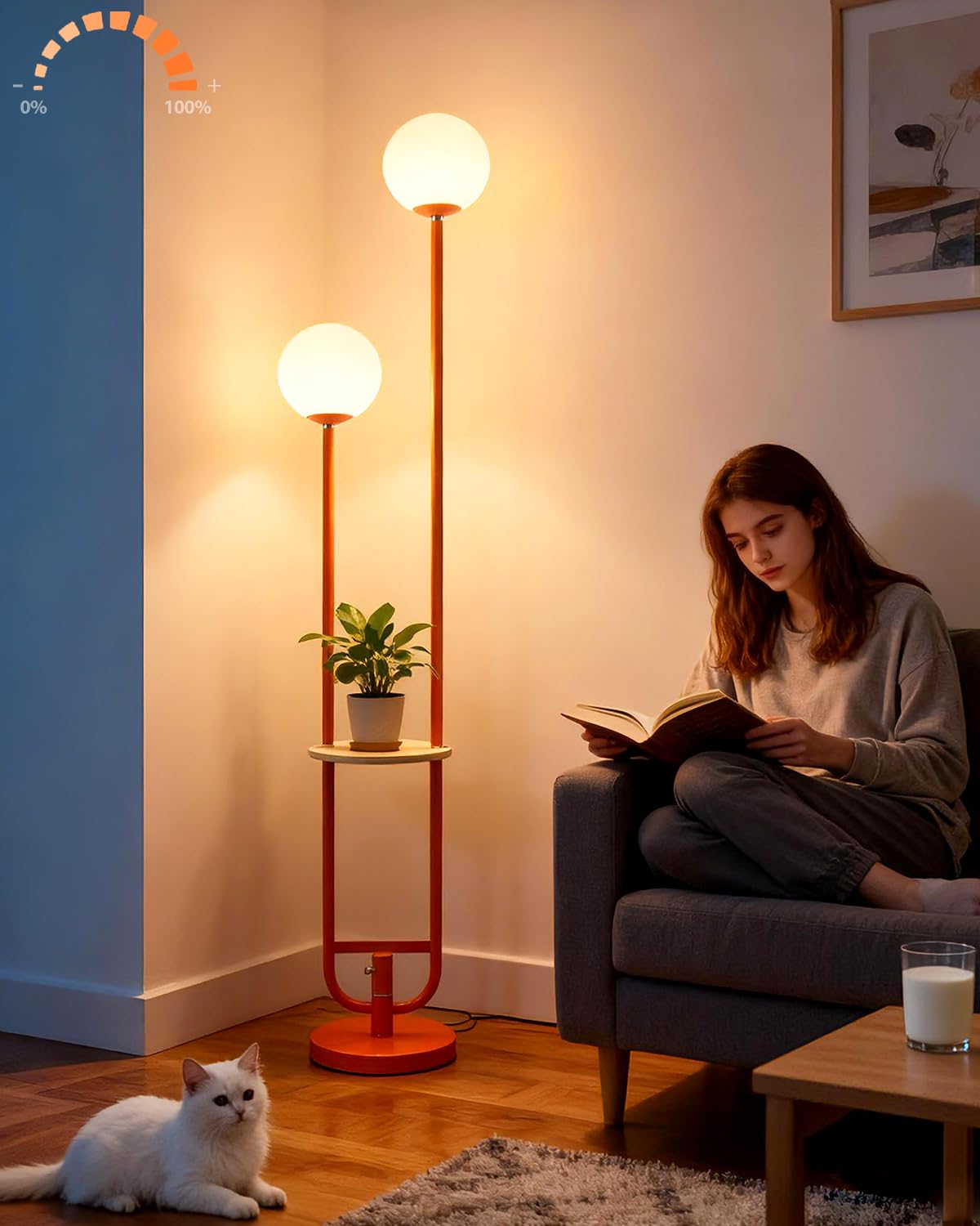 63IN 2 Globe Orange Floor Lamp Dimmable Tall Standing Lamps with Table 3000K Warm White Unique Modern Mid Century Floor Lamp with 5Lbs Heavy Base for Living Room Bedroom Home Office (Orange-2U)