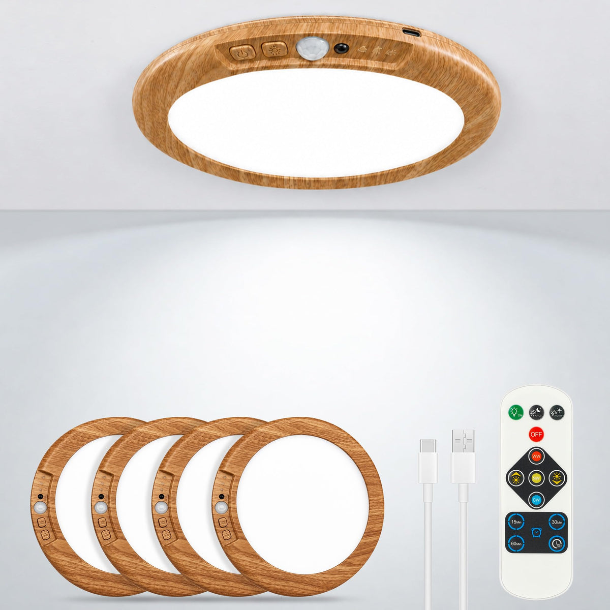 Wireless Rechargeable Ceiling Light with Remote (Light Wood / 4 Packs)