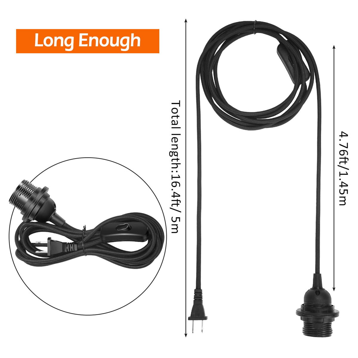 12 Pack Pendant Light Cord E26 E27 Socket with Switch (12 ft / Black)