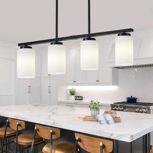30'' Island Lights for Kitchen Black Chandelier Dining Room Light Fixtures (4-Light White Glass)