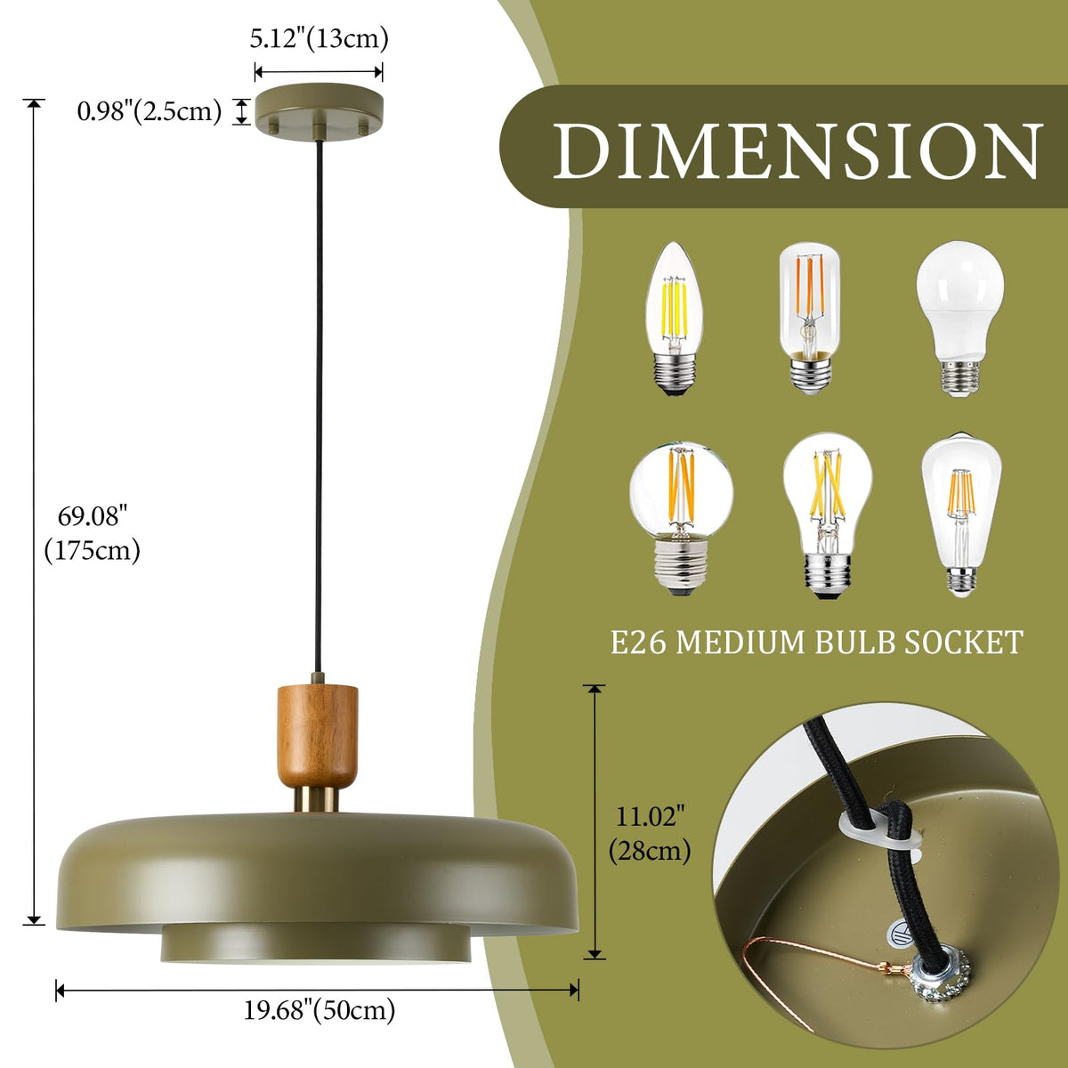 Mid Century Pendant Light 19.68" (Olive Green)