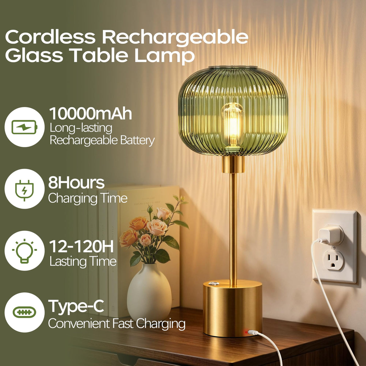 Rechargeable Cordless Glass Table Lamp for Living Room (Brushed gold & green 2)