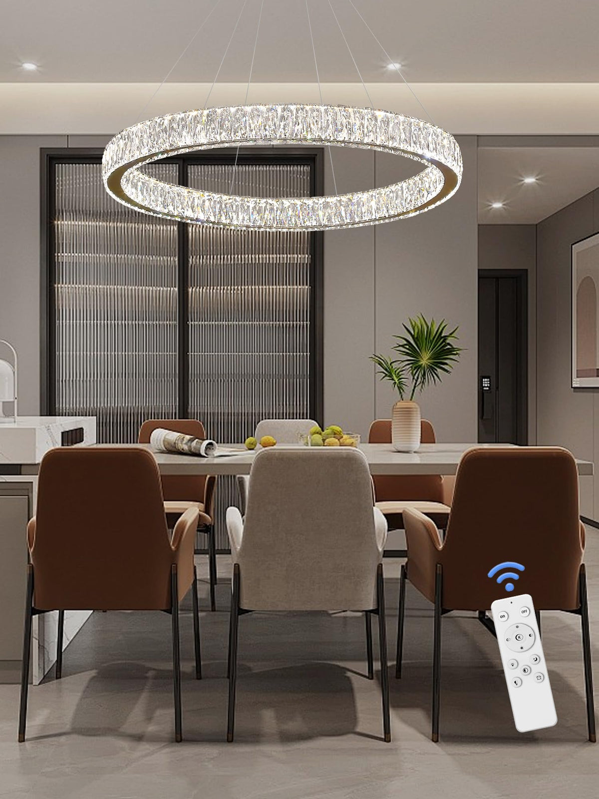 Modern LED Dimmable Crystal Chandelier 39.4" Ring Pendant Light Adjustable Gold Round Crystal Chandelier Light Fixtures for Dining Room Living Room (Gold 1 Ring 40")