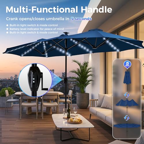 13ft Outdoor Patio Umbrella with Solar Lights (Navy Blue)