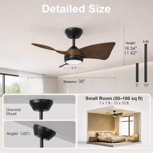 30 Inch Small Ceiling Fan with Light (Black & Walnut / 30 Inch)
