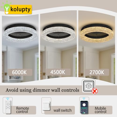 32'' Modern Chandeliers for Living Room Crystal Chandelier Flush Mount Ceiling Light Fixture for Dining Room Living Room Bedroom Dimmable 2700 (Black / Dia 32inch)