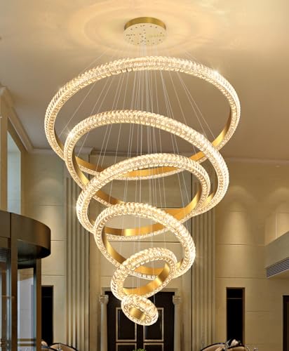 47" 6 Ring Crystal Chandelier Modern LED Dimmable Ring Pendant Light Chandelier for Dining Room Living Room Gold (Gold / 6 Ring Round 47")