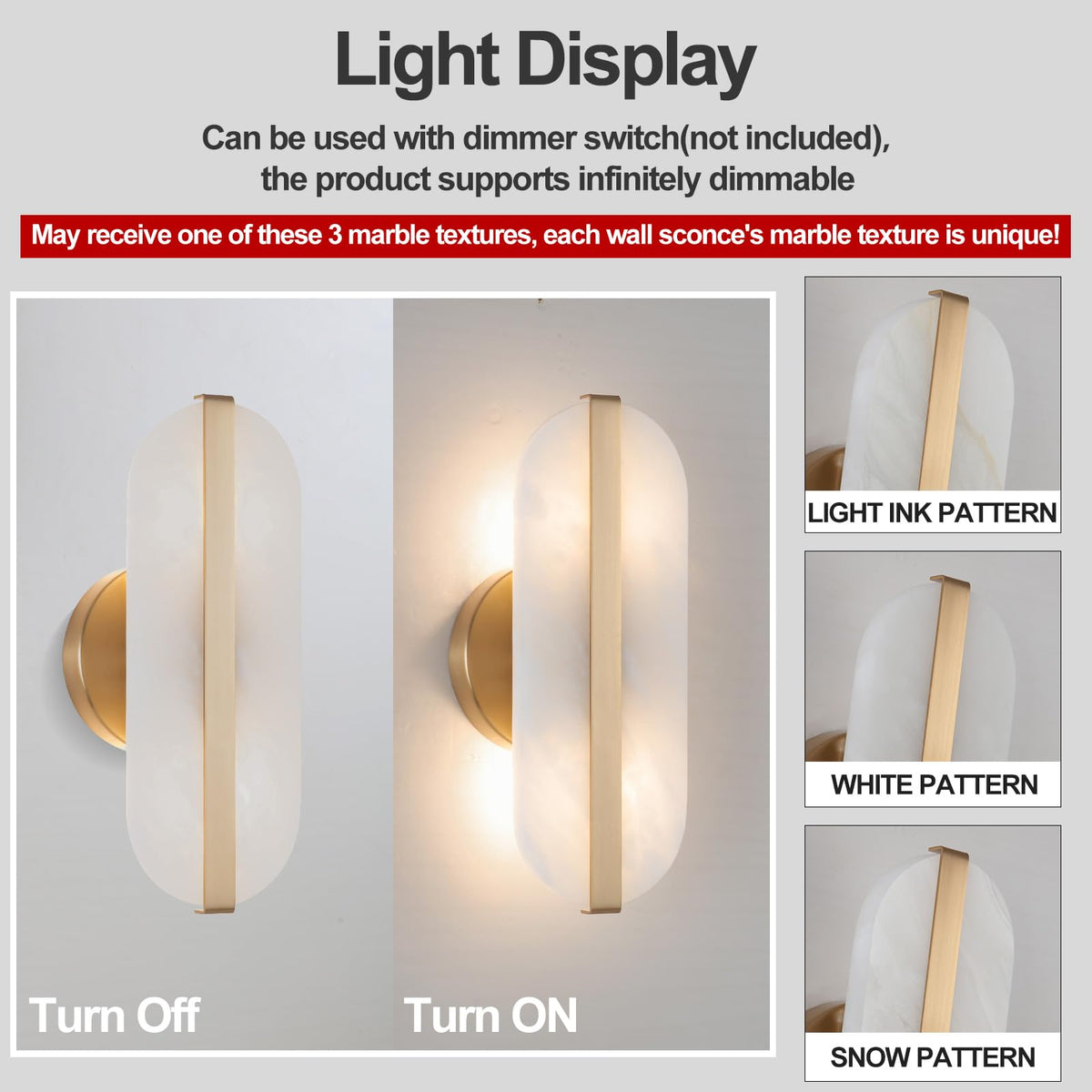 Natural Alabaster Wall Sconces Marble Wall Sconces Gold Bathroom Vanity Wall Light Fixture Stone Wall Lamp Modern Alabaster Sconces Wall Lighting for Bedroom Living Room Hallway Restaurant (Gold / 30cm-1 Pack)