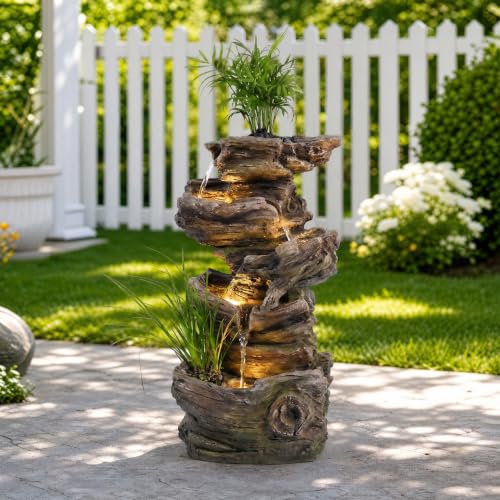 28" Wood Outdoor Water Fountain with Planter for Garden Decor (27.56"H / Brown)