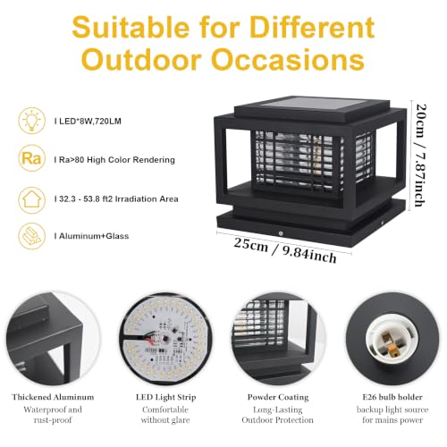 Outdoor Solar Outdoor Column Lights Modern Post Caps Light Aluminum IP65 Waterproof Pillar Light Square Landscape Column Lamp for Patio Posts Flat Surface Garden Decoration Post Lanterns (25cm)